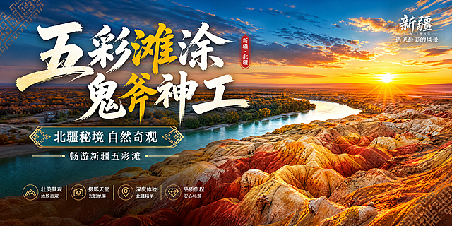 新疆北疆旅游横式海报，设计参考示例版式，运用新疆特色浓郁色彩，展示五彩滩雅丹地貌景点风光，中文文案，适合FB平台推广，标题'五彩滩涂 鬼斧神工'
