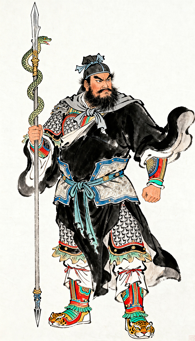 中国三国武将张飞全身像，张飞手提丈八点蛇矛，威风凛凛，身穿黑莽袍，头戴扎巾盔，外罩黑硬靠，全装贯束，内衬鱼鳞甲，足登五彩虎头战靴，豹头环眼，燕额虎须，相貌精悍，气势勇猛，古典绘画风格