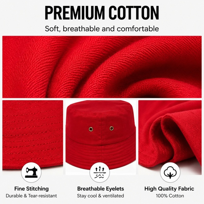 展示红色渔夫帽优质棉质面料细节，文字信息：PREMIUM COTTON，Soft, breathable and comfortable，Fine Stitching Durable & Tear-r预览效果