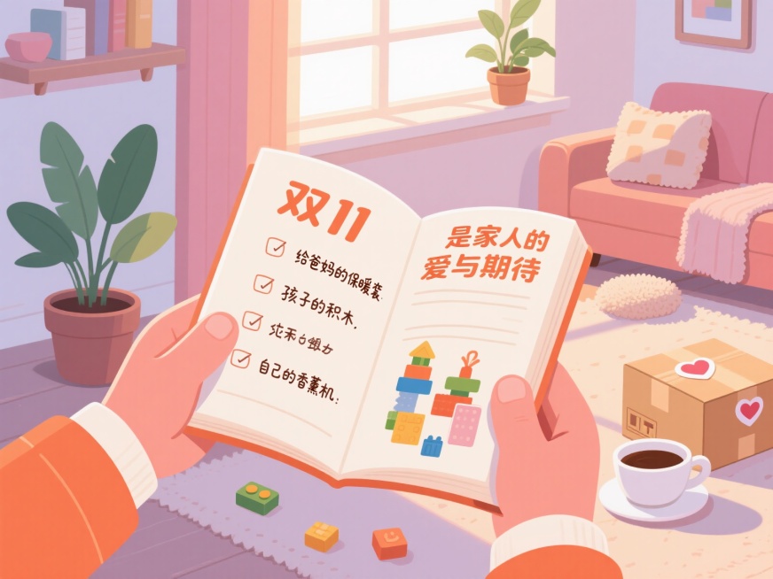 暖色调浅橙、奶白、浅粉，画面中心是摊开的手写心愿清单，清单上标注“给爸妈的保暖套装”“孩子的积木”“自己的香薰机”，清单旁散落半杯热咖啡、拆开的快递盒，盒面贴小爱心贴纸，背景是洒满阳光的客厅角落，有绿预览效果
