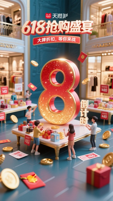 巨大的数字“8”在画面中间，红金渐变，带有闪亮效果。旁边是简单的“倒计时”。背景为豪华的购物厅，桌子上摆满了各种特卖商品和折扣标签。男生女生在前面抢购，旁边有金币、红包和优惠券。主标题"618抢购盛宴预览效果