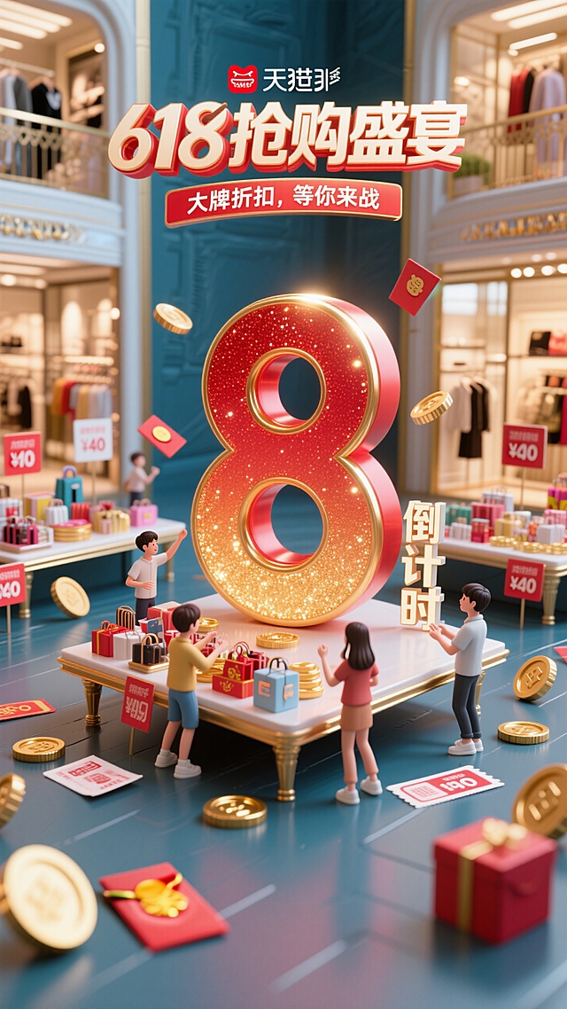 3D微缩艺术风，波普色彩，金属质感数字“8”，喜庆促销氛围，618购物节倒计时。