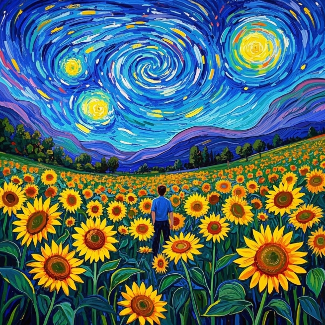 一个男人的站在一片向日葵花海中，向日葵是梵高画作风格。天空中的星空采用梵高那标志性的笔触和色彩，漩涡状的星云、明亮的星辰预览效果