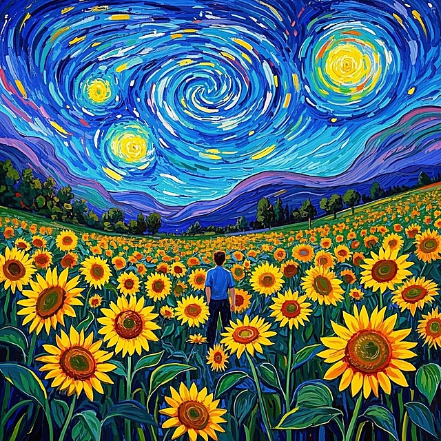梦幻感的插画风油画，印象画派手法描绘向日葵田与星空，色彩斑斓，意境深远。
