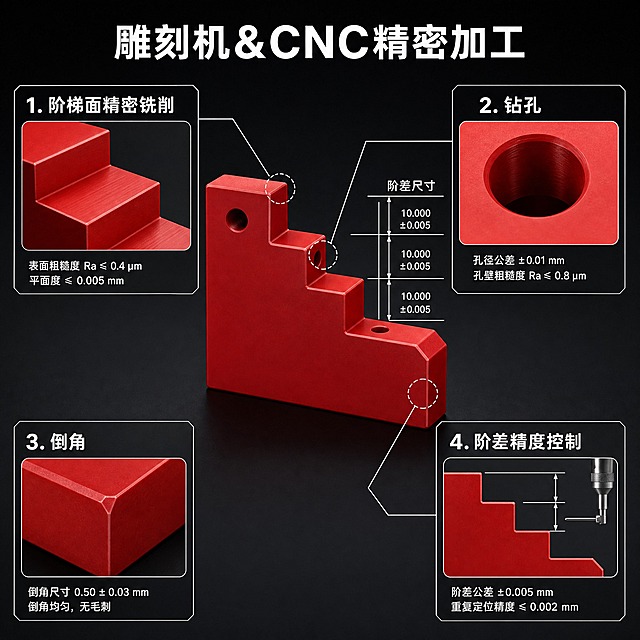 [主图-4] 加工能力图，极简科技风，展示雕刻机&CNC对台阶形零件的精密加工能力。
[统一基调] 极简科技风，深灰/黑色背景，白色文字和标注线，清晰端正无衬线字体，字体不变形不拉伸不压扁，1:1正方形构图，精密技术感。
[画面] 画面中心展示实心红色PU台阶形零件的精密加工截面特写，重点展示阶梯面的光滑铣削表面和精确的阶差尺寸。画面采用技术图纸风格的分区布局或引线标注方式展示四大加工能力：1. 阶梯面精密铣削（配台阶截面放大图，展示阶梯面光滑精铣表面）；2. 钻孔（配阶梯孔特写，展示孔壁光滑和孔径精度）；3. 倒角（配定位面倒角特写，展示均匀精密的倒角）；4. 阶差精度控制（配阶差高度测量示意，标注阶差公差极小）。画面顶部或侧边有标题"雕刻机&CNC精密加工"。整体构图偏技术示意图风格，专业严谨，精密感强。
[光影质感] 极简科技产品摄影+技术示意图结合质感，零件部分有真实光影和正红哑光质感，加工示意部分用清晰白线和标注表现，体现精密制造的专业感。
[配色] 背景深灰渐变#1a1a1a到#0a0a0a，文字和标注线白色#FFFFFF，产品主体实心正红色，整体配色专业克制，科技感强。
[文字版式] 主标题"雕刻机&CNC精密加工"为大号白色粗体无衬线字。各加工能力项标题"阶梯面精密铣削""钻孔""倒角""阶差精度控制"为中号白色无衬线字。尺寸标注和说明文字为小号白色无衬线字。所有文字横排，字体端正清晰不变形。
[输出要求] 1:1正方形，2048x2048px，细节清晰锐利，边缘利落，文字清晰可读，画面仅出现以上指定文字，不出现任何额外自动生成的文字、水印、logo或多余装饰。负向：变形、错字、模糊、杂乱、水印、平台Logo、多余文字、卡通风格、彩色装饰。