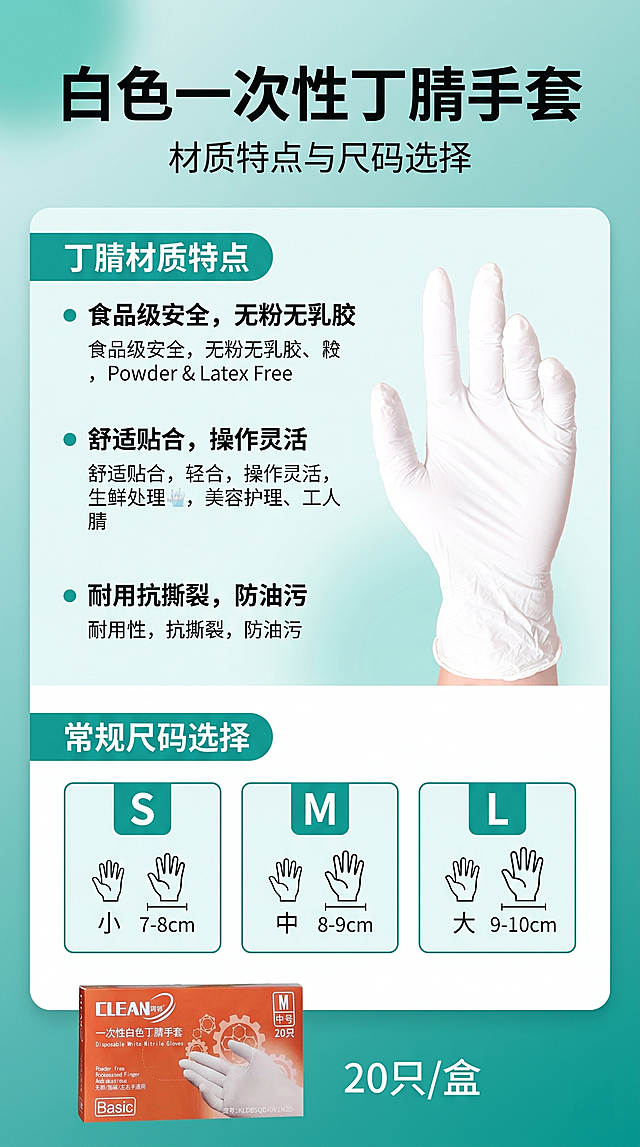 白色一次性丁腈手套产品规格展示页，介绍丁腈材质特点和常规尺码选择，保持参考图1的简约清新青绿色设计风格，干净排版，9:16竖版