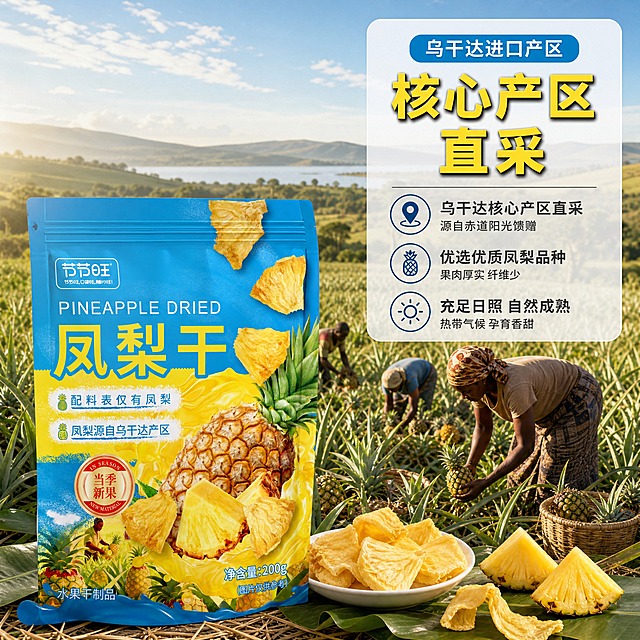 [主图-2] 核心亮点与产地溯源，建立乌干达进口产区的信任感，强调原料优质。
[统一基调] 京东平台品质稳重风格，文字占比<30%，一图一重点；整体暖黄+天蓝清新配色，主标题用粗黑体金黄色带轻微阴影，辅助文案用深灰黑体，强调色为凤梨黄与天空蓝，卡片用圆角半透明白底，图标简洁线性。
[画面] 产品包装袋位于画面左下方，占比约40%，正面完整展示，外观与输入图一致。画面右侧及背景为乌干达热带凤梨农场实景，大片绿色凤梨田延伸至远方，蓝天阳光下有非洲农场工人正在采摘成熟凤梨的远景身影，工人形象自然不突出面部。画面中上部用大号数字突出核心信息，周围用细引线连接产地、品种、日照等信息点。前景散落几块新鲜凤梨切片与凤梨干对比展示。
[光影质感] 自然户外阳光，上午侧逆光，农场场景明亮通透，凤梨干与包装袋有真实阴影落在地面草叶上，产品与场景自然融合，商业摄影质感。
[配色] 蓝天绿地黄凤梨为主色调，金黄色文字在蓝天背景上清晰突出，深灰辅助文在半透明白卡上。
[文字版式] 画面右上方主标题：乌干达进口产区；下方大号数字：核心产区直采；再下方三行小说明：热带气候种植 充足日照生长 自然成熟采摘；文字横排右对齐，放在半透明白色圆角卡片上，字号层级分明。
[输出要求] 1:1正方形2048px，产品清晰，产地场景真实有代入感，文字清晰；负向：变形、错字、模糊、杂乱、水印、京东Logo、绝对化用语、人物面部扭曲。