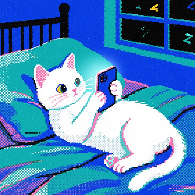 像素风猫咪拟人化，玩手机，可爱温馨。