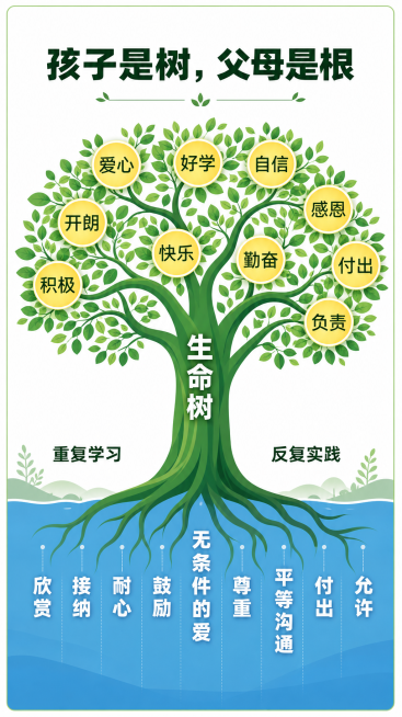 绿色生命树创意信息图设计，顶部标题"孩子是树，父母是根"，树干写着"生命树"，树根部分在蓝色水域中，文字从上到下排列：欣赏、接纳、耐心、鼓励、无条件的爱、尊重、平等沟通、付出、允许；树冠分枝上黄色圆形预览效果