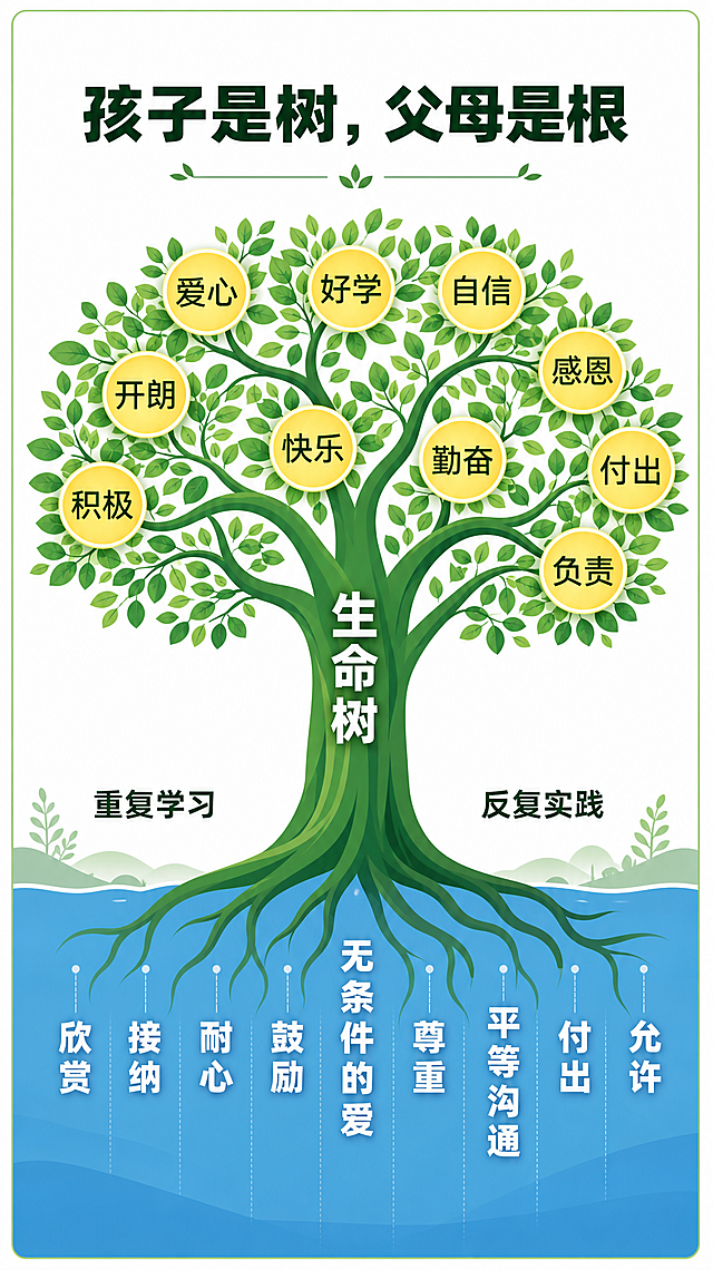 绿色生命树创意信息图设计，顶部标题"孩子是树，父母是根"，树干写着"生命树"，树根部分在蓝色水域中，文字从上到下排列：欣赏、接纳、耐心、鼓励、无条件的爱、尊重、平等沟通、付出、允许；树冠分枝上黄色圆形节点文字从左到右：积极、开朗、爱心、快乐、好学、自信、勤奋、感恩、付出、负责，树下文字左侧"重复学习"，右侧"反复实践"，整体设计大气、洋气、美观，现代简约风格，色彩清新明快，所有文字清晰可辨，结构完整，四周留白，文字整体必须完整呈现在画面内不可被裁切，四周留有安全边距