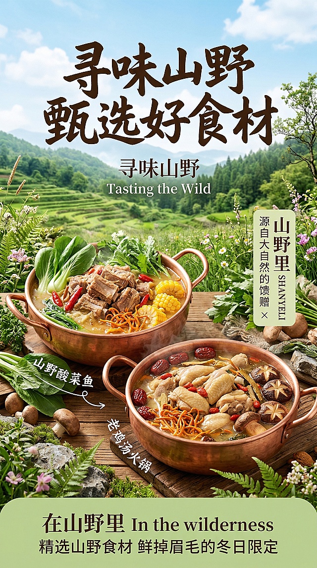 春季山野自然场景餐饮海报，绿色山野背景，中心是铜锅排骨汤火锅，排骨肉鲜嫩搭配翠绿蔬菜、红亮辣椒、金黄玉米，虫草花，汤汁浓郁，周围点缀山上的山草，中心第二是铜锅老母鸡汤火锅，鸡肉软烂，搭配枸杞、红枣，虫草花、香菇，牛肝菌，周围点缀山上的野草，添加文案"寻味山野"及英文"Tasting the Wild"，右侧标注品牌"山野里SHANYELI"和标语"源自大自然的馈赠 ×"，菜品旁弧形小字"山野酸菜鱼