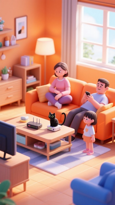 生成几张3D风格的场景，室内场景，橙色的沙发，妈妈坐在沙发上看剧，爸爸躺在沙发上玩手机，女儿看着坐在路由器上的一只黑猫，橙色色系，画面明亮，层次分明，预览效果