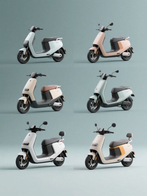 六个不同款式的电动车，采用简约现代的整体造型，延续原图的3D渲染风格，保持柔和的色彩搭配和细腻的材质表现，每个电动车都有清晰的光影效果和立体感，以规整的矩阵式排布在纯色背景上，无任何文字、logo和水印，画面干净整洁，突出电动车的设计细节和现代美感。预览效果