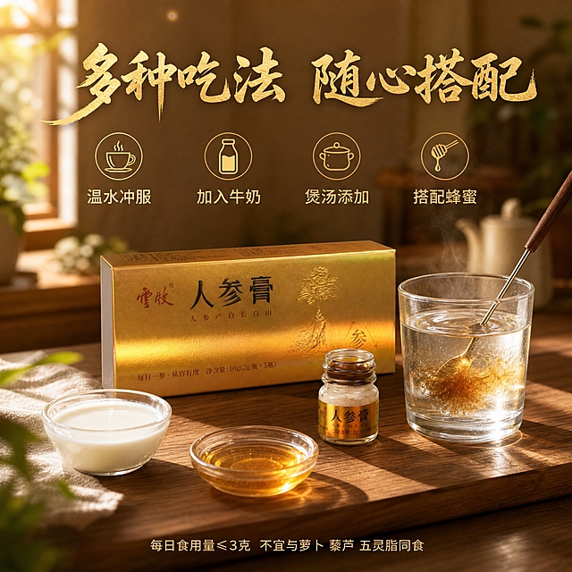 [主图-4] 云牧人参膏多种食用方式场景图 展示日常服用场景 增强代入感
[统一基调] 高端滋补养生风格 暖金深棕配色 自然暖阳逆光 主标题用厚重书法体金色字 辅助文案用细黑体浅金色 整体干净通透有品质感
[画面] 画面为温馨居家餐桌场景 木质桌面上中央放云牧人参膏金色外包装盒和一瓶打开的小瓶装人参膏 旁边有一杯温热水 水中正在搅拌溶解人参膏 水面有轻微涟漪 旁边还放一小碗温热牛奶和一小碟蜂蜜 暗示多种食用方式 背景虚化 有阳光从窗户洒进来 窗台上有绿植 整体氛围温暖治愈 产品占画面约50% 位于视觉中心
[光影质感] 自然窗边柔光 上午暖阳从左侧窗户照入 桌面上有柔和光影 玻璃杯有通透反光和光斑 水面有光泽 产品盒身金色质感温暖 整体光影柔和自然 有生活气息
[配色] 主色暖木色 米白色 暖金色 辅助色浅绿 奶白色 文字主色深棕色 辅助色暖金色
[文字版式] 上方主标题"多种吃法 随心搭配" 标题下方用小图标加文字横向排列四个食用方式"温水冲服" "加入牛奶" "煲汤添加" "搭配蜂蜜" 画面底部小字标注"每日食用量≤3克 不宜与萝卜藜芦五灵脂同食" 文字清晰不遮挡主体
[输出要求] 1:1正方形 2048×2048 文字清晰可读 产品包装外观与输入图完全一致 禁止变形错字模糊杂乱水印 禁止医疗功效宣称 禁止绝对化用语 食用提示信息准确