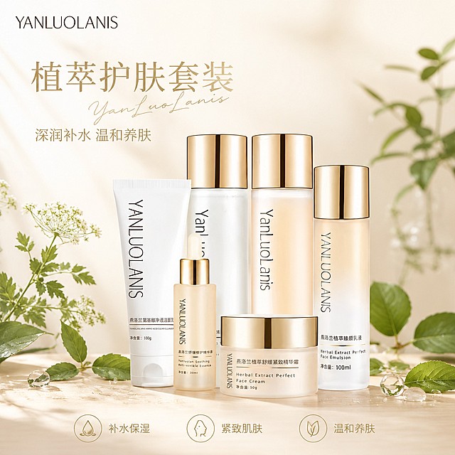 [单张主图] 燕洛兰植萃护肤套装，高级氛围感主图，传递纯净专业护肤品牌调性。
[画面主体] 包含洁面乳、精华水、精华液、乳液、精华霜六件产品，保持产品外观、物理结构、材质质感、字体排版、颜色与输入产品图绝对一致，杜绝任何变形和色差，精细化处理瓶身文字清晰可读。产品套装居中偏下摆放，整体占画面约45%，主体完整不裁切。左上角保留原品牌YANLUOLANIS Logo，字形配色比例保持不变，不遮挡产品主体。
[构图版式] 采用原生成分型版式，产品套装为视觉主体，背景融入天然草本元素，强调植萃温和养肤卖点。
[场景元素] 浅雾米白色渐变背景，产品套装放置在哑光浅木色台面上，产品周围点缀新鲜绿色草本叶片和透明晶莹水滴，水珠附着在瓶身周围，营造水润保湿氛围。画面左上自然留白区域放置主标题，底部放置三个轻线稿图标卖点，背景干净通透，不抢产品主体。
[文案版式] 左上留白左对齐排版：
大字主文案 「植萃护肤套装」，浅金色细衬线字体；
小字副文案 「深润补水 温和养肤」，同色系缩小字号；
底部三个线稿图标卖点，从左到右依次：
第一个图标对应 补水保湿
第二个图标对应 紧致肌肤
第三个图标对应 温和养肤
图标右侧配同色系小字说明，整体简约高级，文字不遮挡产品主体。主标题旁添加浅金色英文手写体YanLuoLanis做装饰。
[光影质感] 采用左侧自然窗光作主光，光线柔和通透，瓶身金色顶盖形成自然高光，瓶身通透感突出，背景柔光虚化，浅景深突出主体，形成柔和阴影轮廓，整体水润透亮，商业摄影高级质感，产品清晰真实，画面干净高级。
[配色字体] 主色调浅米白，辅助浅金色提取自产品瓶盖，强调色淡绿色提取自草本植物，主标题细衬线字体，字重轻，高级感，辅助文字缩小字号，深浅对比清晰。
[比例分辨率] 1:1 比例，2K 分辨率，文字清晰可辨，超高清。
[负向提示词] 变形，文字错乱，产品图模糊，背景杂乱，水印，电商平台Logo，错字，伪Logo，主体遮挡，低清晰度，错误结构