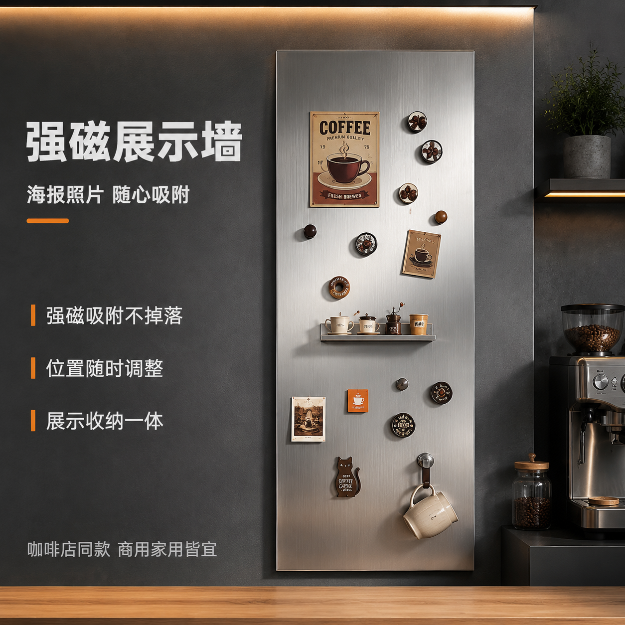[主图-2] 强磁展示墙效果图，展示不锈钢磁吸珐琅板强大的磁吸… - 图片创意预览