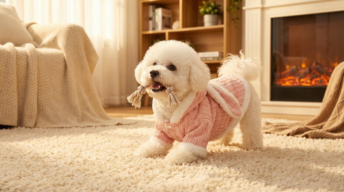 A fluffy white dog wearing the pink corduroy winter coat with bunny ears and white fur trim, playing预览效果