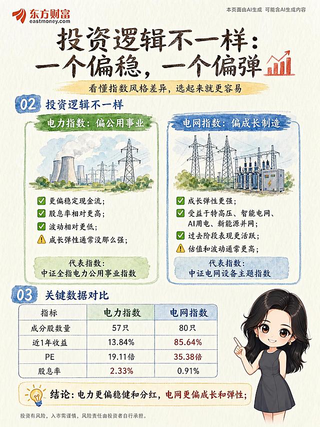参考风格https://gdesign-dam-hz.dancf.com/36824277225948291/fe8a7ba78f9c42c8a7015c3c652d16f9.png，手绘水彩风金融科普图文，左上方logo为https://gdesign-dam-hz.dancf.com/36824280587946085/b56b7ebf1e4d46efab42ff6e740c9585.png，左上角小字提示：本页面由AI生成 可能含AI生成内容，右下角放Q版人物https://gdesign-dam-hz.dancf.com/36824284147994738/6fd08ee1d5c64d588cc6024e511d15fc.png，主标题：投资逻辑不一样：一个偏稳，一个偏弹 📈，副标题：看懂指数风格差异，选起来就更容易；02 投资逻辑不一样；左侧【电力指数：偏公用事业】板块：• ✅ 更偏稳定现金流；• ✅ 股息率相对更高；• ✅ 波动相对更低；• ⚠️ 成长弹性通常没那么强；• 代表指数： 中证全指电力公用事业指数；右侧【电网指数：偏成长制造】板块：• ✅ 成长弹性更强；• ✅ 受益于特高压、智能电网、AI用电、新能源并网；• ✅ 过去阶段表现更活跃；• ⚠️ 估值和波动通常更高；• 代表指数： 中证电网设备主题指数；03 关键数据对比，表格：指标 电力指数 电网指数；成分股数量 57只 80只；近1年收益 13.84% 85.64%；PE 19.11倍 35.38倍；股息率 2.33% 0.91%；底部结论：结论： 电力更偏稳健和分红，电网更偏成长和弹性；最下方小字风险提示：投资有风险，入市需谨慎，风险责任由投资者自行承担。