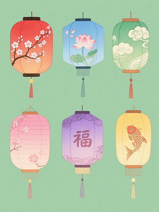 一套6个造型各异的中国传统灯笼系列插画，保持原手绘水彩风格，柔和渐变色彩，简约线条，灯笼均为六边形主体配流苏，每个灯笼有独特花纹（樱花、梅花、莲花、祥云、福字、鱼纹），分别采用红、蓝、绿、紫、粉、黄六种纯色背景，规整排列成2行3列的集合图案，整体氛围温馨喜庆，细节精致，光影柔和。