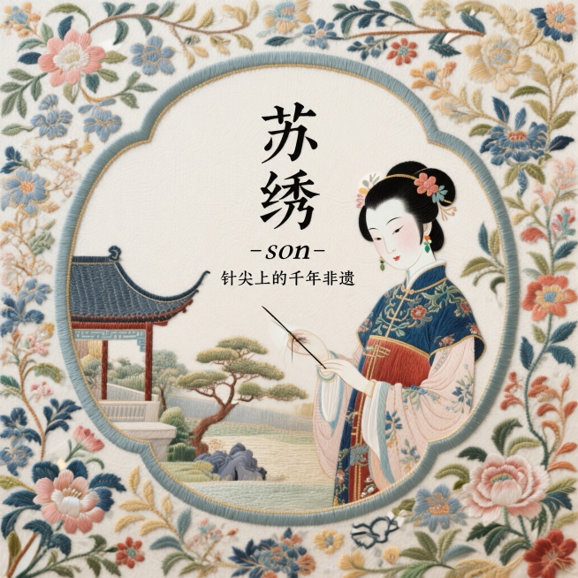 原创非遗苏绣刺绣插画，主体为江南刺绣女子，搭配传统纹样，古风园林场景，国风国潮新中式美学风格，版式松弛留白充足，只保留主标题"苏绣"和slogan"针尖上的千年非遗"，文字极简，不添加其他文字，整体色预览效果