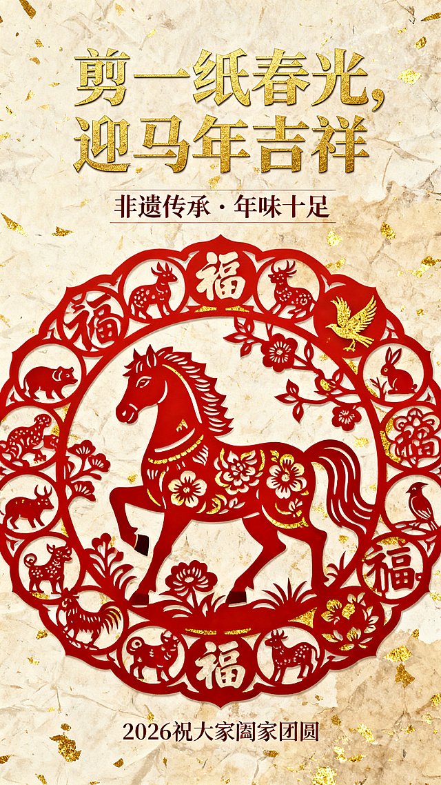 剪纸风融合国潮设计，红金双色呈现生肖马与福字元素，非遗传承中彰显中式喜庆与民族韵味，迎马年吉祥。