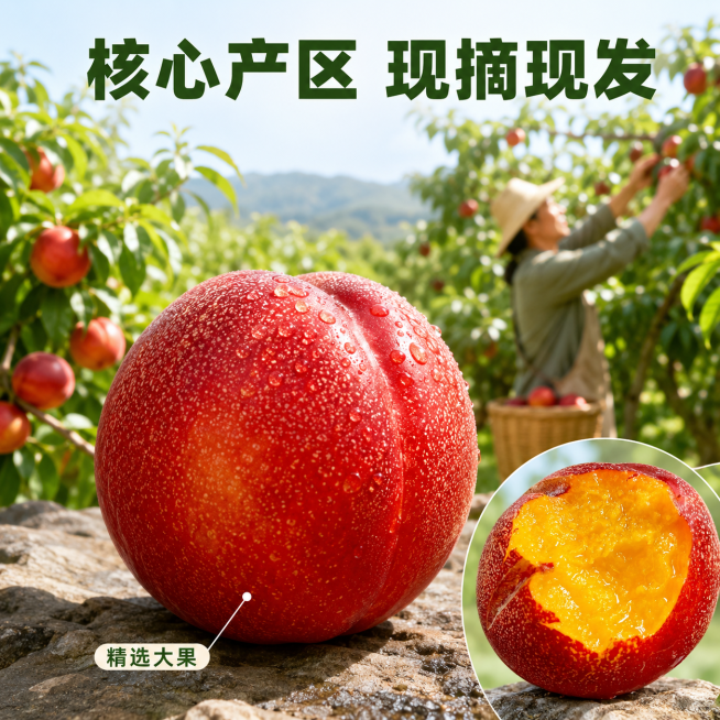 「图片1」，生成一套主图（10张），商品名称是麻点油桃，卖点是脆甜多汁，新鲜采摘，精选大果，风格是果园治愈风，美女在果园宣传介绍，适配拼多多平台，主图比例为1:1预览效果