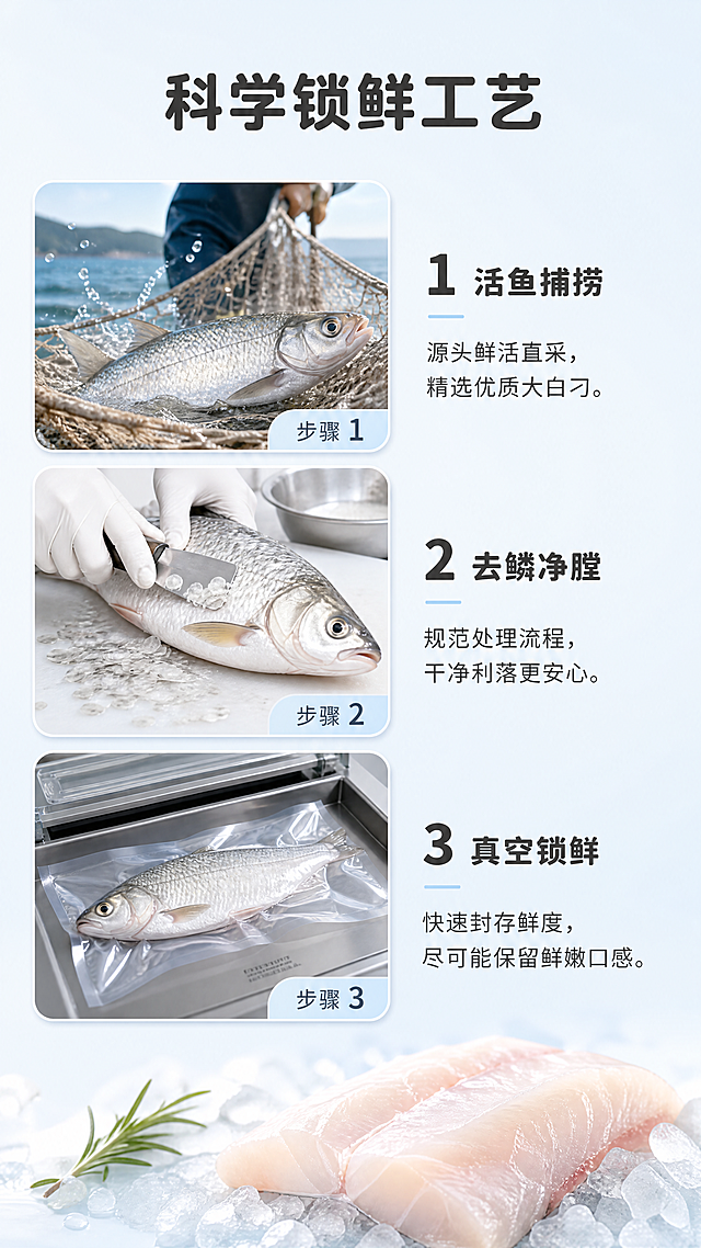 [第4屏] 本臻大白刁净鲜工艺说明屏，展示专业锁鲜处理流程。
[氛围/风格] 干净简约食材展示风格，清新专业，突出标准化处理流程，建立品质信任感。
[元素布局] 本屏左侧纵向排列三张带圆角的工艺示意图，分别展示活鱼捕捞、去鳞净膛、真空锁鲜三个步骤，每张示意图尺寸统一，间距均匀；右侧对应每个步骤放置简短说明文字。在画面顶部放置主标题，主标题下方留出呼吸空间，整体布局干净清爽，信息层级清晰。保持本臻大白刁基本形态特征和颜色与图1一致，在页面底部可展示一小块处理好的鱼肉特写，不影响整体信息排版。
[光影质感] 整体均匀明亮柔光，每个示意图清晰可辨，文字区域底色干净，阴影柔和自然，没有明暗死黑区域，整体画面干净通透。
[配色色系] 全局底色：#F2F8FC（浅蓝水色）；示意图保持自然色彩，文字使用深灰，标签使用浅蓝底色，配色遵循全套统一规则，不新增额外颜色。
[视角构图] 左图右文竖向排版，9:16竖版比例，适配手机阅读，从上到下信息流动自然。
[文字版式] 沿用圆角黑体标题+同家族无衬线正文，字色保持白色+深灰两种，统一纯色填充字效。顶部主标题「科学锁鲜工艺」深灰粗体居中，左侧每个示意图右下角配圆角浅蓝底步骤标签，右侧对应文字说明简单清晰，字号适中，手机端清晰可读。
[比例分辨率] 9:16 竖版比例，4K分辨率，文字清晰可辨，超高清。
[负向提示词] 血腥画面，脏乱场景，不卫生观感，鱼体变形，文字拥挤错乱，颜色偏差，水印，违规表达，极端内容。