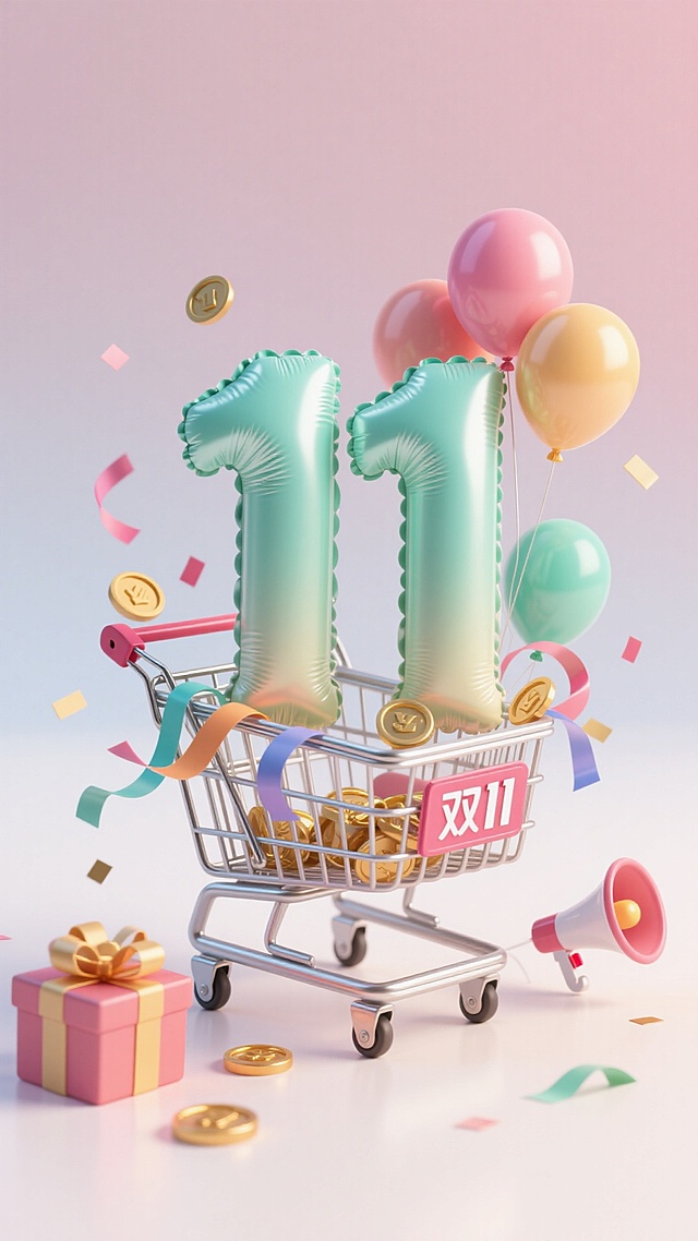 银色购物车里放着浅绿色渐变的“11”数字气球（充气膨胀、挤压褶皱）、礼盒、喇叭、气球，车身带“双11”标签，点缀彩带、金币，白粉渐变背景
