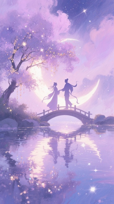 梦幻粉紫烟雾弥漫，牛郎织女的剪影映在如镜的银河湖面上，鹊桥散发着浮光，月亮旁的桂花树上垂落星屑，浪漫唯美的夜景，梦幻氛围，细腻光影，高画质预览效果