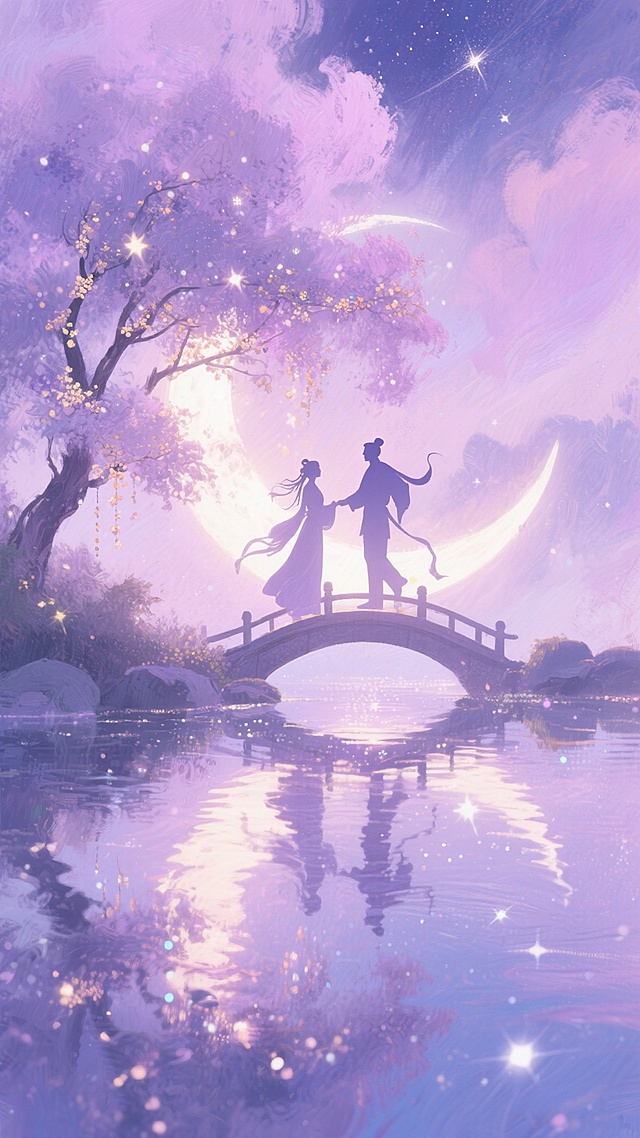 梦幻粉紫烟雾弥漫，牛郎织女的剪影映在如镜的银河湖面上，鹊桥散发着浮光，月亮旁的桂花树上垂落星屑，浪漫唯美的夜景，梦幻氛围，细腻光影，高画质
