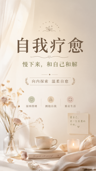 温和治愈系简约风格自我疗愈主题海报，主标题"自我疗愈"，副标题"慢下来，和自己和解"，装饰文字"向内探索 温柔自愈"，卖点文案"接纳情绪 拥抱自我 重启生活"。画面整体采用低饱和度莫兰迪色系，柔和暖光预览效果