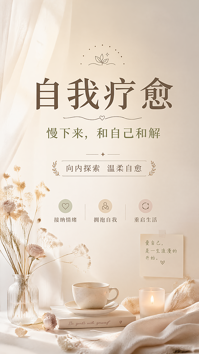 温和治愈系简约风格自我疗愈主题海报，主标题"自我疗愈"，副标题"慢下来，和自己和解"，装饰文字"向内探索 温柔自愈"，卖点文案"接纳情绪 拥抱自我 重启生活"。画面整体采用低饱和度莫兰迪色系，柔和暖光，背景为渐变淡米色搭配轻柔纱帘和散落干花，营造安静舒适氛围感，版式精美居中，留白恰当，文字清晰可读，传递平静自我关怀的情绪，9:16竖版