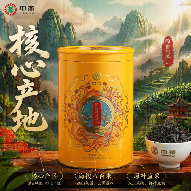 [主图-2]中茶凤凰单丛茶核心产地展示国潮主图。保持凤凰单丛茶黄色铁罐产品外观颜色材质与原图一致，杜绝变形色差。罐体居中展示，背景融合凤凰山茶园云雾国潮插画，采用国潮青绿朱砂红撞色。罐体下方用引线标注预览效果