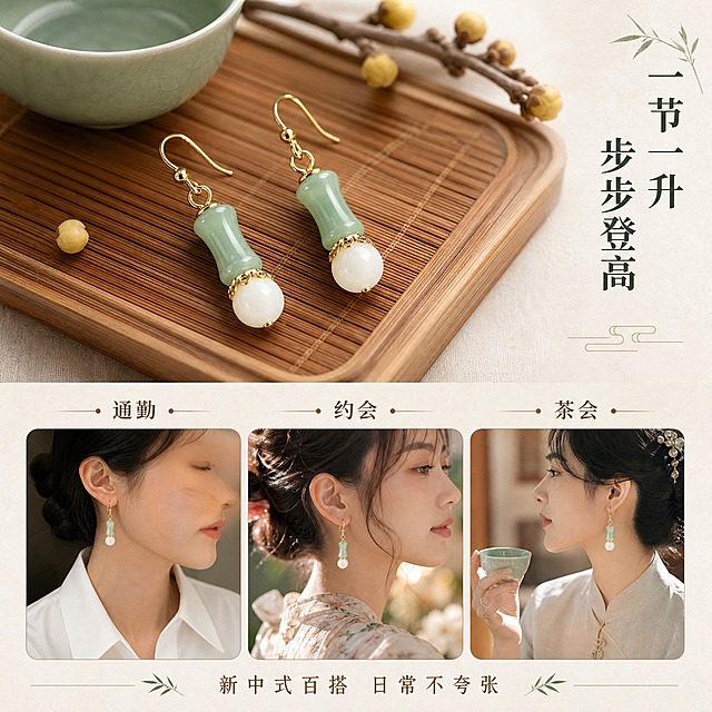 [主图-4] 设计寓意与场景搭配，多场景小图拼贴展示百搭属性，强化情感价值。
[商品修正] 重点修正：耳环白色圆珠顶部的金色连接件为花瓣形花托/花片造型（带花瓣边缘的金色帽托，不是光面圆环），每张小图中耳环的花托花瓣细节清晰，与实物一致；保留竹节形浅绿色仿玉珠、白色圆珠、金色耳钩的结构与颜色。
[统一基调] 新中式国风轻奢风格；背景主色=米白宣纸质感；标题字色=深墨绿；辅助字色=暖灰褐；强调色=暖金色；字体=宋体衬线粗体（标题）+简洁无衬线（辅助）；组件=细线分隔、竹叶小图标、圆角浅底小标签；整体克制精致，文字占比低。
[画面] 画面分为上下两部分，上方约60%为耳环主视觉（一对耳环放置在竹制茶席上，旁边有青瓷小茶杯和一小枝腊梅点缀，新中式茶席场景，花瓣形花托清晰可见），下方约40%为三格小图横向排列，分别展示：左-通勤白衬衫佩戴特写、中-约会碎花裙佩戴特写、右-中式茶会手持茶杯侧耳特写；每格小图都有耳环佩戴效果，花托细节清晰，场景丰富不重复。
[光影质感] 主场景为自然光+暖茶灯混合光，茶席木纹质感真实，耳环玉石与金属光泽自然，花托花瓣有高光；三格小图各自场景光影真实，整体色调统一暖调；商业精修质感。
[配色] 米白宣纸底+浅木色茶席为主，浅豆绿青瓷点缀，暖金金属反光，深墨绿文字；整体国风温润色调统一。
[文字版式] 右上角竖排主标题「一节一升 步步登高」（深墨绿宋体粗体），下方三格小图上方各标注场景名：「通勤」「约会」「茶会」（暖灰褐小字）；底部一行辅助文「新中式百搭 日常不夸张」（暖灰褐）；文字全部横排或竖排宋体，不遮挡耳环主体。
[输出要求] 比例1:1，2048×2048，2K，花托花瓣造型准确，产品清晰，拼贴自然不生硬，文字可读，无变形错字，无水印无平台Logo。
