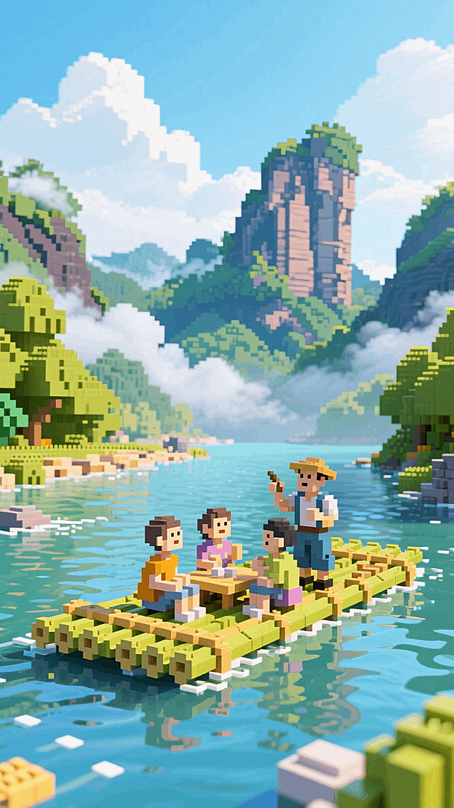 武夷山全景，前景是河流，河流上一只竹排飘过，竹排上有唱歌的船夫、聊天的游客。