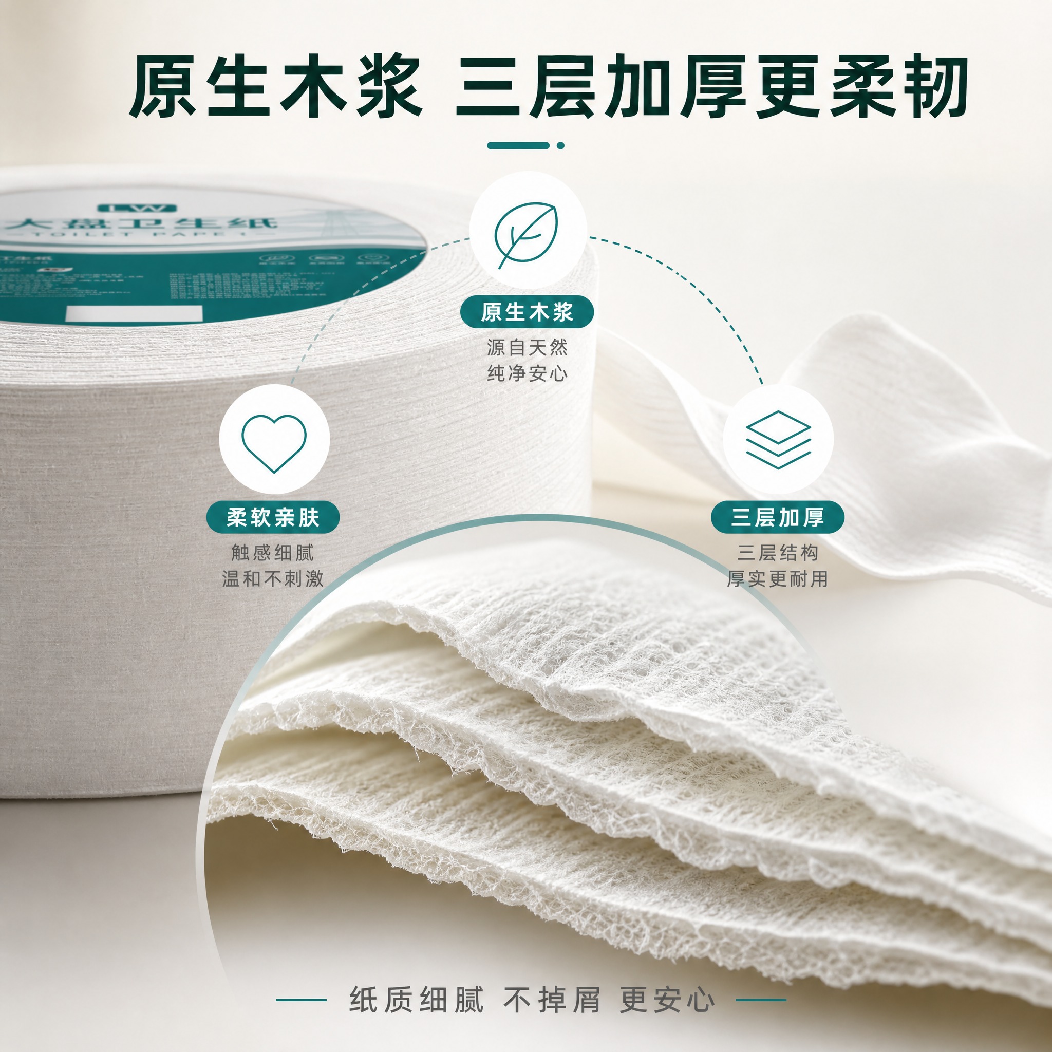 [主图-3] 材质品质图，展示原生木浆三层加厚柔软舒适的品质细… - 图片创意预览