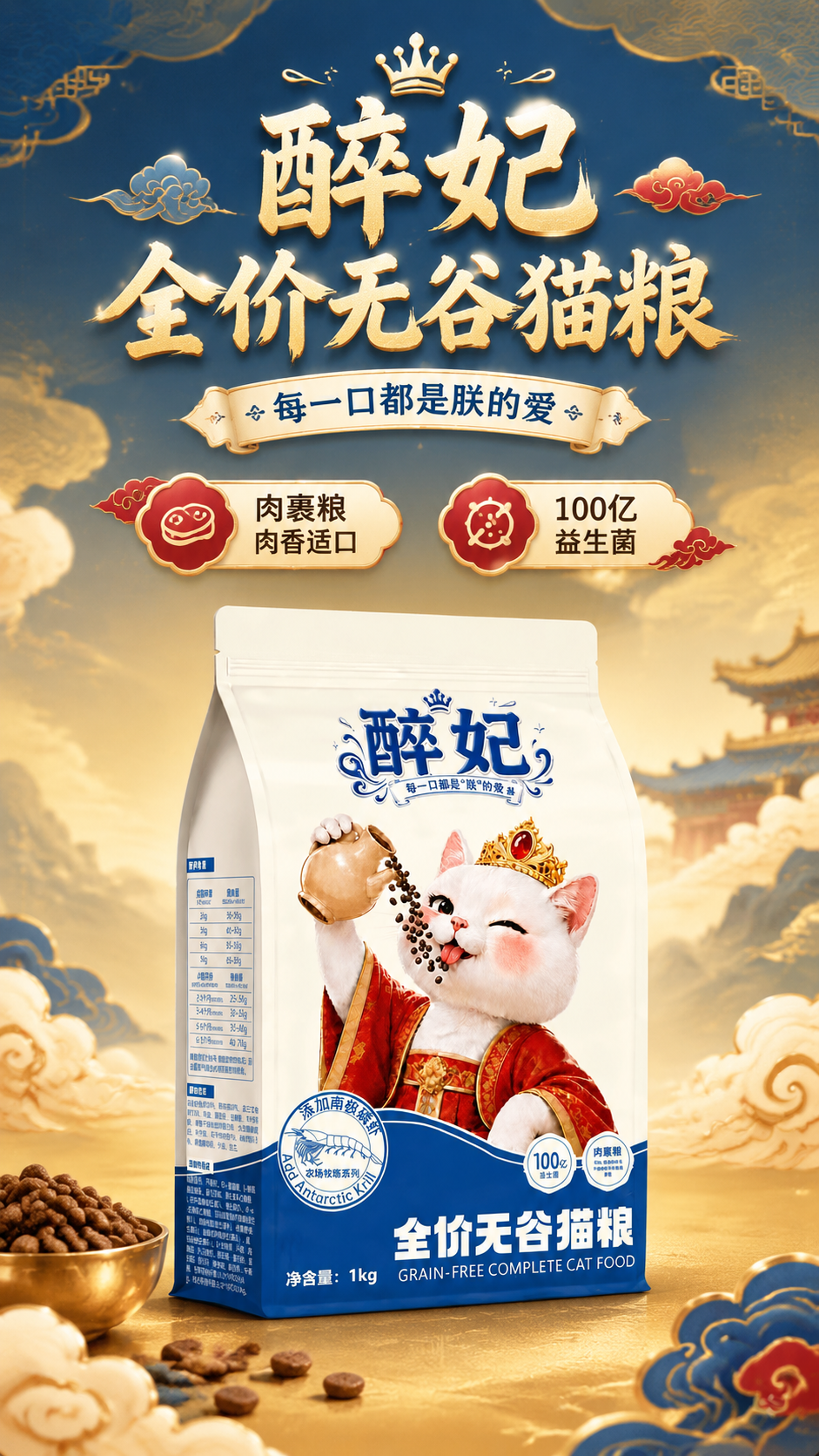 [商品] 使用【图1】醉妃全价无谷猫粮1kg包装袋；保留白色袋… - 图片创意预览