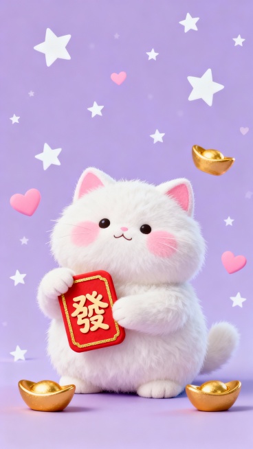 可爱插画风格，画面中心是一只胖乎乎的招财猫，浑身雪白的绒毛柔软蓬松，粉色的耳朵和脸蛋肉嘟嘟的，十分俏皮。它正举着一个写着“發”的小红牌，小红牌边缘用金色线条勾勒，“發”字是童趣的手写体，颜色鲜艳。周围预览效果