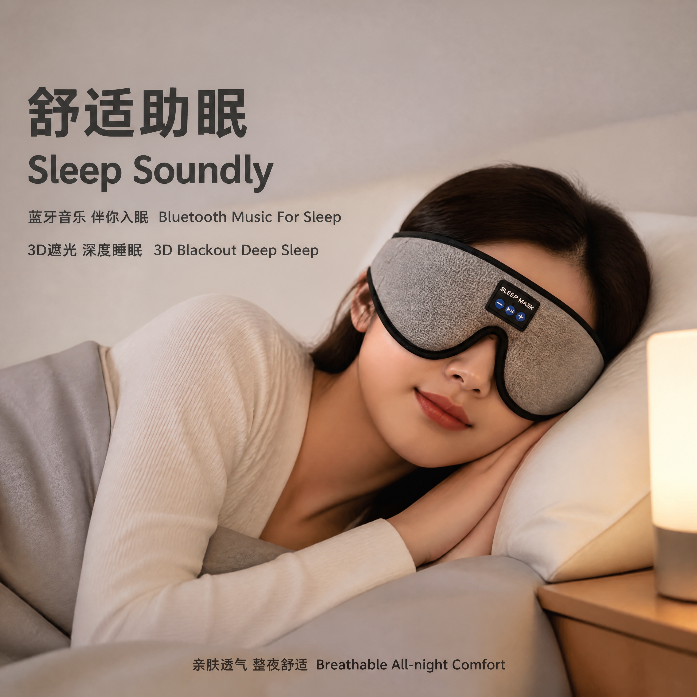 [主图-3] 蓝牙3D睡眠眼罩睡眠使用场景图，展示佩戴效果，凸… - 图片创意预览