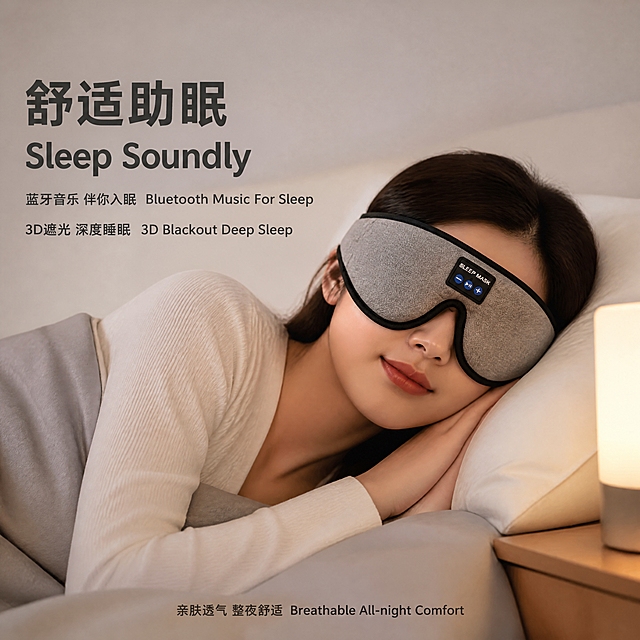 [主图-3] 蓝牙3D睡眠眼罩睡眠使用场景图，展示佩戴效果，凸显舒适助眠。
[氛围风格] 1688工厂批发风格，简约高级，浅灰低饱和度极简背景，轻微简约居家睡眠场景，温馨宁静助眠氛围，商业电商质感。
[画质] 商业人像摄影质感，光线柔和温暖，产品佩戴真实自然，画面干净高级，高清8K细节。
[元素] 简约卧室睡眠场景，一位符合国内平台人群特征的东亚女性模特侧卧在床上，佩戴黑色蓝牙3D睡眠眼罩，姿态放松自然，呈现深度睡眠状态。背景为极简浅灰色调卧室，隐约可见白色枕头、浅灰色床品的一角，床头柜上有一盏微弱暖光的小台灯，环境极简不复杂，突出睡眠氛围。**保持眼罩外观（即物理结构、材质质感、颜色、控制面板位置与样式）与输入产品图一致，佩戴位置正确贴合眼部，杜绝任何变形和色差，精细化处理**。人物与眼罩整体占比约60%，画面满屏无边框。
[光影] 柔和暖色调侧光，模拟夜晚卧室微光环境，主光从侧上方打来，人物面部与眼罩受光均匀，阴影柔和过渡，整体氛围宁静温馨，助眠感强。
[配色] 主背景色浅灰低饱和度暖调；辅助色米白、深灰；强调色暖黄（灯光点缀）、蓝色（按键微光）。
[视角构图] 侧面平视角度，人物侧卧位于画面中偏右位置，左侧留出负空间放置文案，景深中等，背景轻微虚化突出人物与眼罩。
[文字版式] 采用阿里巴巴普惠字体，中英文双语粗体大字卖点文案，文字不遮挡产品主体与人物面部。左侧负空间左对齐：第一行中文大字"舒适助眠"，第二行英文"Sleep Soundly"，均为粗体深灰色。下方两行小字卖点："蓝牙音乐 伴你入眠 Bluetooth Music For Sleep"、"3D遮光 深度睡眠 3D Blackout Deep Sleep"。底部居中一行小字："亲肤透气 整夜舒适 Breathable All-night Comfort"。所有文字清晰可读，横排从左到右。
[输出要求] 1:1正方形比例，文字清晰锐利，超高清商业摄影质感。
[负向提示词] 变形，文字错乱，产品图模糊，背景杂乱，水印，电商平台Logo，多余的手，多余的手指，畸形手，融合手指，手部扭曲，肢体穿模，人物面部扭曲，关节反折。