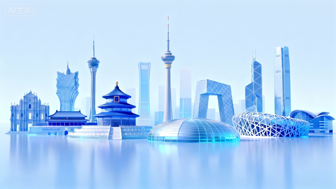 在现有北京建筑群画面的基础上，加入香港代表性建筑和澳门代表性建筑，保持蓝色玻璃质感3D立体城市地标风格，整体和原有画面风格色调一致，水面倒影效果保留预览效果
