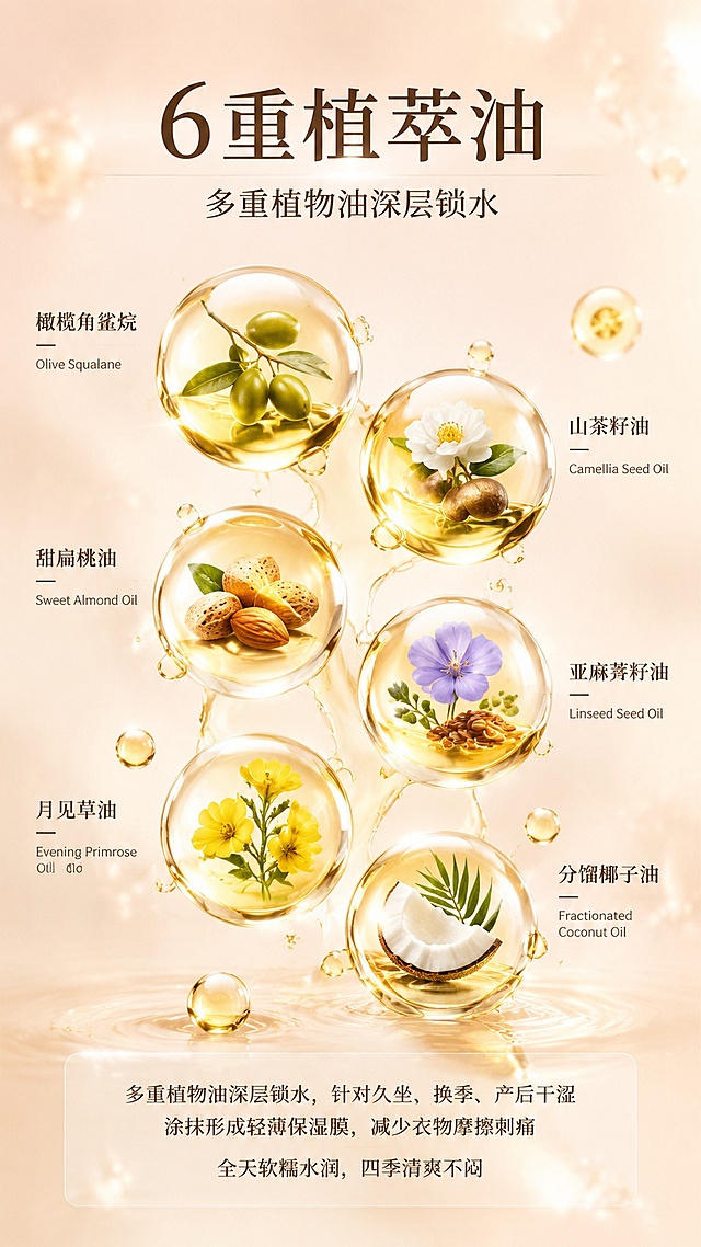 6重植萃油成分展示详情页，参考图1的透明油滴包裹原料版式，比例9:16。
[氛围/风格] 高级护肤成分风，清透通透质感，商业摄影高级感
[元素布局] 顶部主标题，中部用6颗大小不同的透明金色油滴，每颗油滴包裹对应6种植萃原料，油滴分布错落有致，底部添加功效说明文字
具体6种成分：橄榄角鲨烷、山茶籽油、甜扁桃油、亚麻荠籽油、月见草油、分馏椰子油，每种成分在油滴旁标注中英文名称
底部区域添加功效文案：多重植物油深层锁水，针对久坐、换季、产后干涩，涂抹形成轻薄保湿膜，减少衣物摩擦刺痛，全天软糯水润，四季清爽不闷
[光影质感] 油滴通透有光泽，光线穿过油滴形成自然光晕，原料清晰可见，整体光影柔和高级
[配色色系] 全局低饱和浅香槟粉底色，透明金色油滴，深棕色成分文字，保持和整套详情页一致的奶白+香槟粉温柔调性
[视角构图] 纵向通屏，顶部标题，中部成分油滴主体，底部功效说明，构图错落有层次，阅读从上到下流畅
[文字版式] 顶部大字主标题「6重植萃油」，副标题「多重植物油深层锁水」，油滴旁标注成分名称文字清晰不遮挡油滴和原料，底部功效文案分两行，字体大小适中，手机端清晰可读
[比例分辨率] 9:16竖版比例，2K分辨率，高清画质
[负向提示词] 油滴变形，原料模糊，文字错乱，颜色杂乱，文字过小，低俗擦边