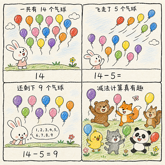 四格减法教学漫画，手绘儿童简笔画风格，线条随意自然，像小朋友自己画出来的感觉，四格内容保持不变：第一格画面：天空中飘着14个彩色气球，一只可爱的小兔子仰头看着气球，配文“一共有 14 个气球”，下方写算式“14”；第二格画面：其中5个气球正在飞走，剩下的气球变少，配文“飞走了 5 个气球”，下方写算式“14−5=”；第三格画面：还剩下9个气球，小兔子在低头数气球，配文“还剩下 9 个气球”，下方写算式“14−5=9”；第四格画面：很多小动物一起开心地玩气球，配文“减法计算真有趣”。纸张质感，线条笨拙可爱，色彩填充简单。