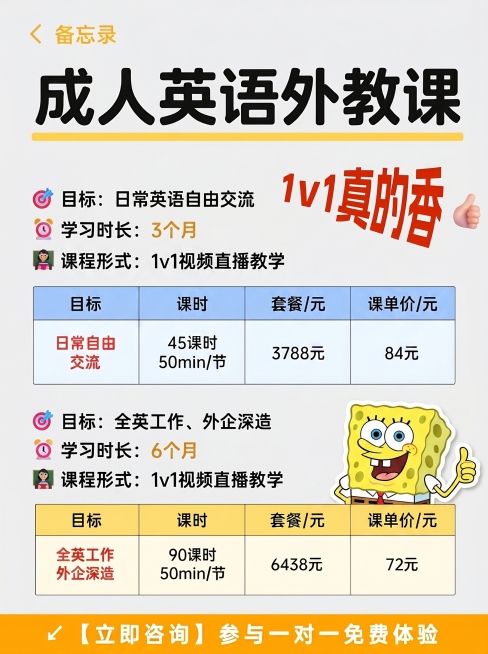 成人英语外教课宣传图，保留所有文字内容和表格信息不变，更换背景为干净浅灰色纯色，替换派大星表情包为热门IP海绵宝宝同款点赞动作，整体风格简洁高质，调整比例为3:4，高清清晰表格工整预览效果