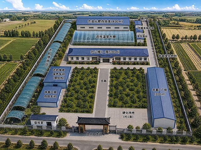 乌什县现代农事综合服务中心总规划平面图鸟瞰图，基于参考图修改东侧后区布局：

【整体布局】
- 南侧正中主入口大门，左侧紧挨值班室，右侧约1亩硬化场地，东侧手套厂厂房300㎡
- 中间主路，两侧正方形绿化林地各约1亩
- 北侧一层500㎡办公楼
- 西侧沿围墙农机停放区拱形棚，中间正方形农机维修保养车间，东侧林草工具存放车间

【东侧后区修改】
- 农资化肥存放库和办公楼靠侧门的方向（东侧）有一条南北向道路，从办公楼东侧向北直通侧门
- 这条路的右边（东侧，靠围墙一侧）是半亩绿化树林，种植整齐树木
- 这条路的左边（西侧，靠温室一侧）是连栋温室大棚，温室大棚向东延伸至路边
- 农资化肥存放库在最北侧，400㎡长方形
- 侧门在农资库东侧，道路直达侧门
- 供暖电锅炉房和变压器站在农资库东侧、道路旁

【整体环境】
- 四周农田环绕，新疆南疆乡村风貌，蓝天白云
- 道路硬化清晰，半亩绿化林地方整
- 各功能区标注清晰，专业规划效果图风格
- 鸟瞰视角，高清细节，真实渲染
