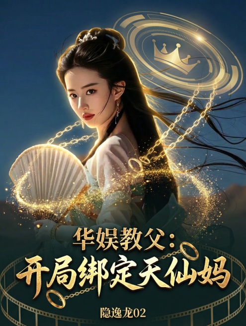将人物表情微调为自信从容略带掌控感，折扇改为半开，添加侧逆光使人物边缘有金色轮廓光；背景改为深蓝渐变至墨绿；添加半透明金色数据圆环在人物头顶/身后，金色锁链光效从光环延伸至人物，底部边缘添加电影胶片环预览效果