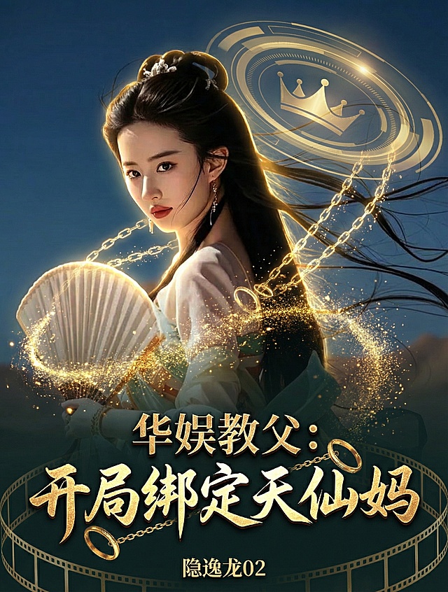将人物表情微调为自信从容略带掌控感，折扇改为半开，添加侧逆光使人物边缘有金色轮廓光；背景改为深蓝渐变至墨绿；添加半透明金色数据圆环在人物头顶/身后，金色锁链光效从光环延伸至人物，底部边缘添加电影胶片环绕，光环内嵌皇冠图形，人物周身添加浓烈金色粒子风暴；添加文字，顶部是金属黑金质感、厚重有棱角字体的"华娱教父："，中间是最大字号、书法体加鎏金特效且"绑定"二字带锁链/光环缠绕效果的"开局绑定天仙妈"，底部居中是小字号简约淡金色的"隐逸龙02"