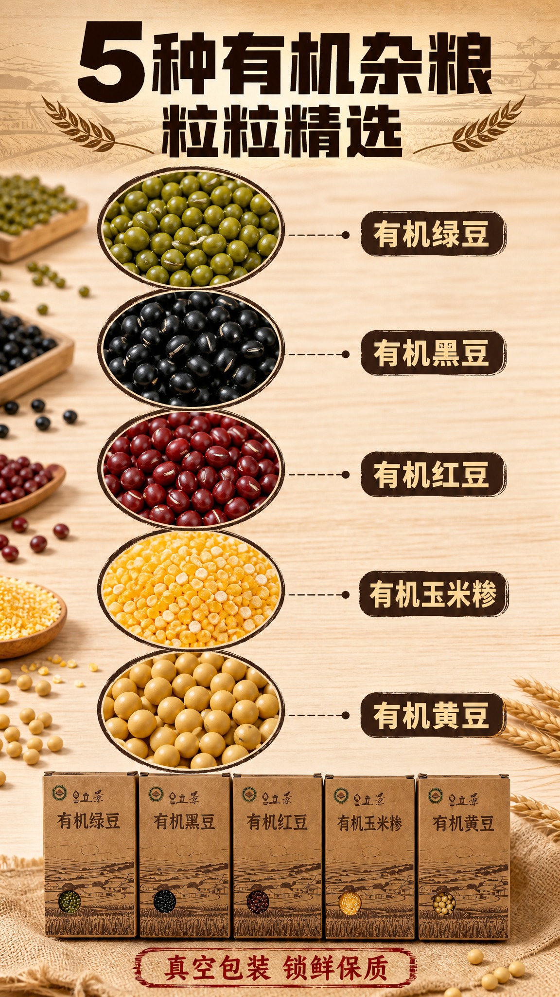 [商品] 使用5种杂粮小盒产品图；保留每盒牛皮纸包装、开窗设计… - 图片创意预览