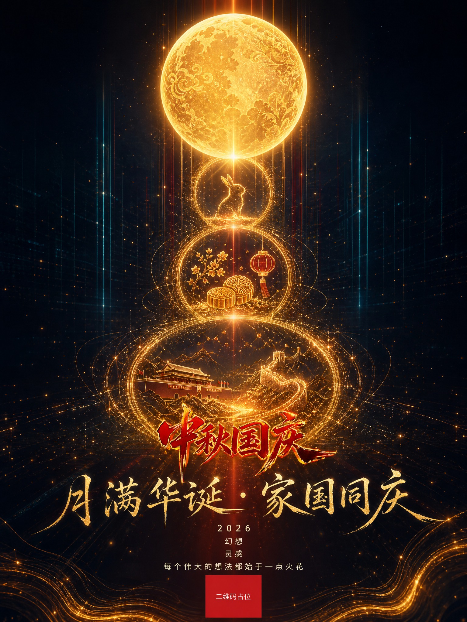 竖版中秋国庆节日海报，暗色梦幻虚拟空间，深邃墨蓝到纯黑的径向渐… - 图片创意预览