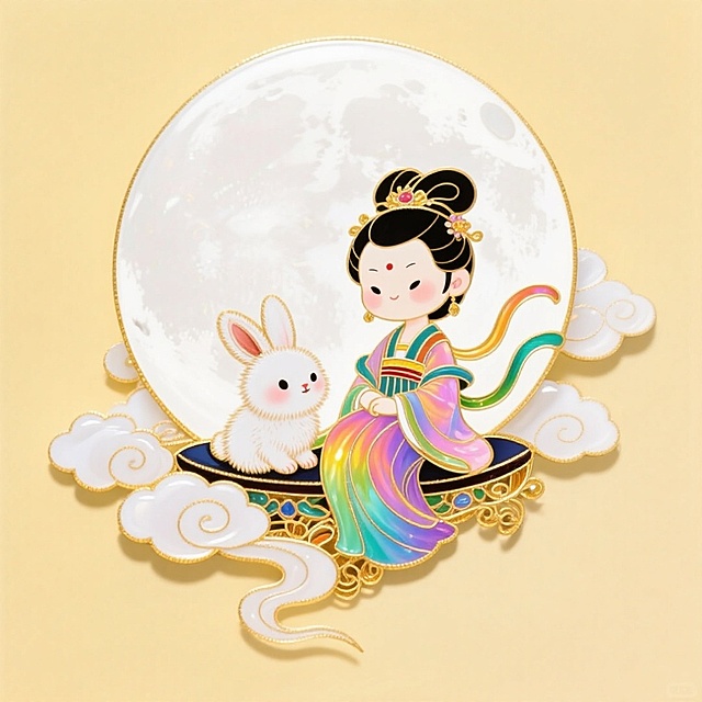 可爱的Q版嫦娥和玉兔坐在月亮上，周围祥云环绕，淡黄色背景